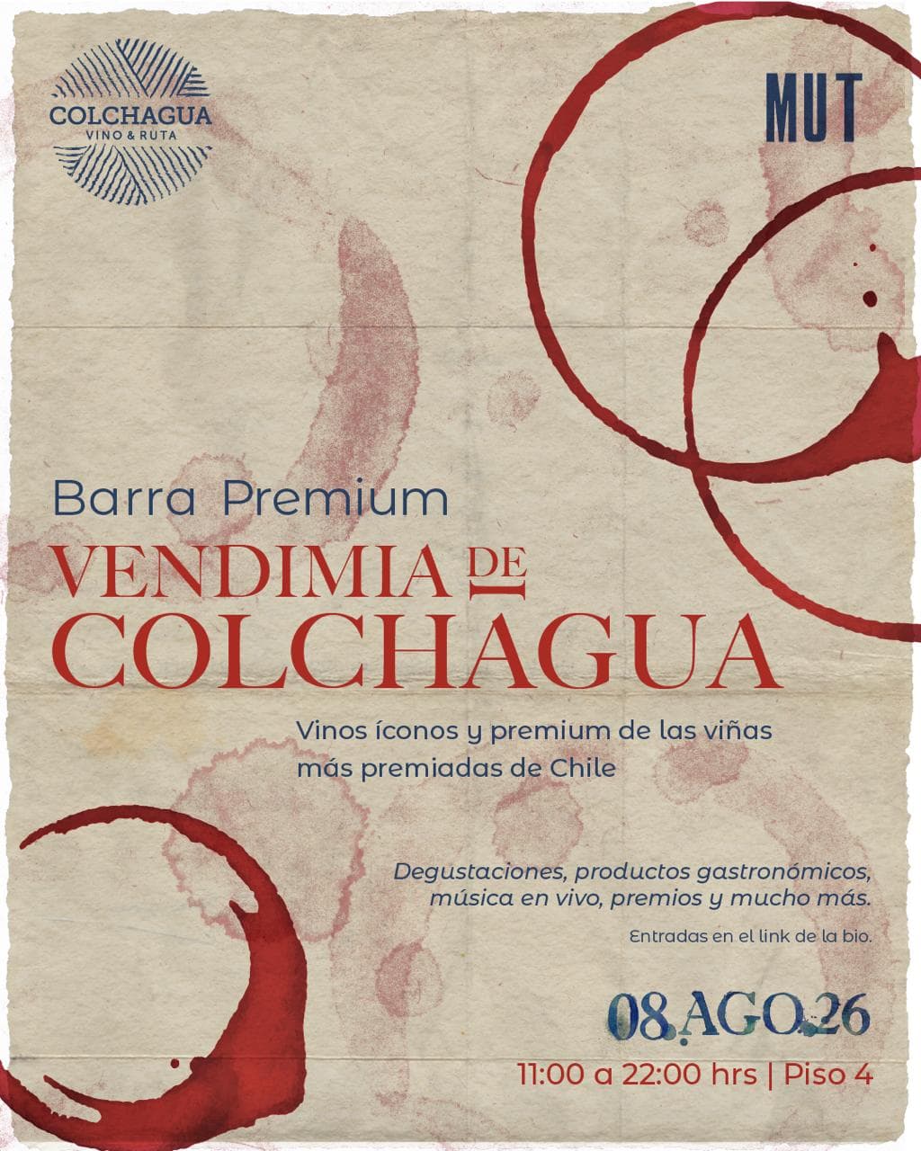 Afiche Barra Premium Valle de Colchagua en el MUT — sábado 8 de agosto, 11:00 a 22:00, Piso 4